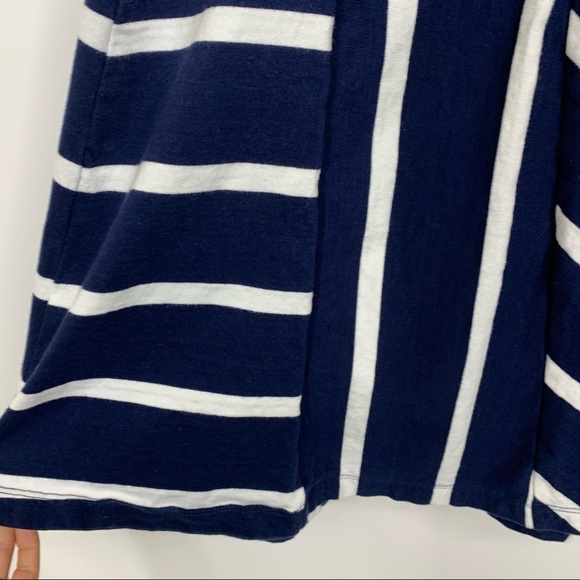 EShakti Asymmetrical White Striped Navy Cotton Spandex Flared Dress W/ Sleeves - Picture 11 of 16